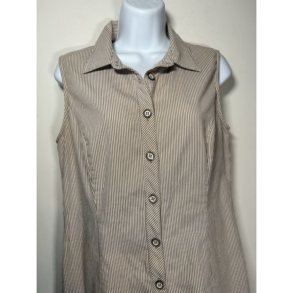 GRACE Stripped Sleeveless Shirtdress Size 6 Brown White Normcore Scandi Preppy - Picture 2 of 8